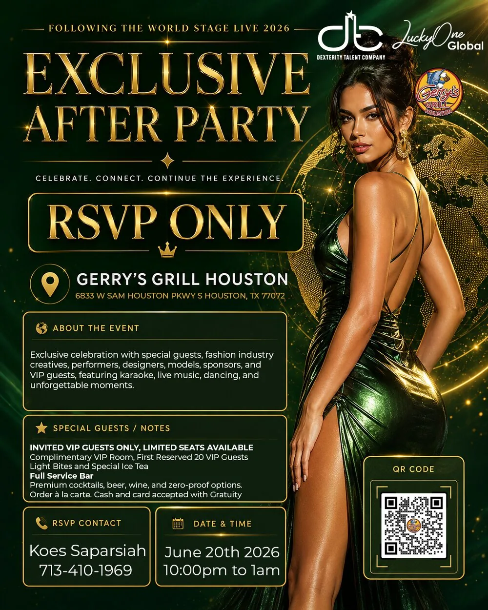 The World Stage Fashion Live 2026 Exclusive Afterparty event flier with RSVP and event details